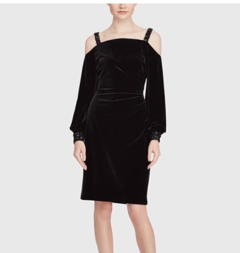 Lauren Ralph Lauren Black Off The Shoulder Bishop Sleeve Dress Size 8